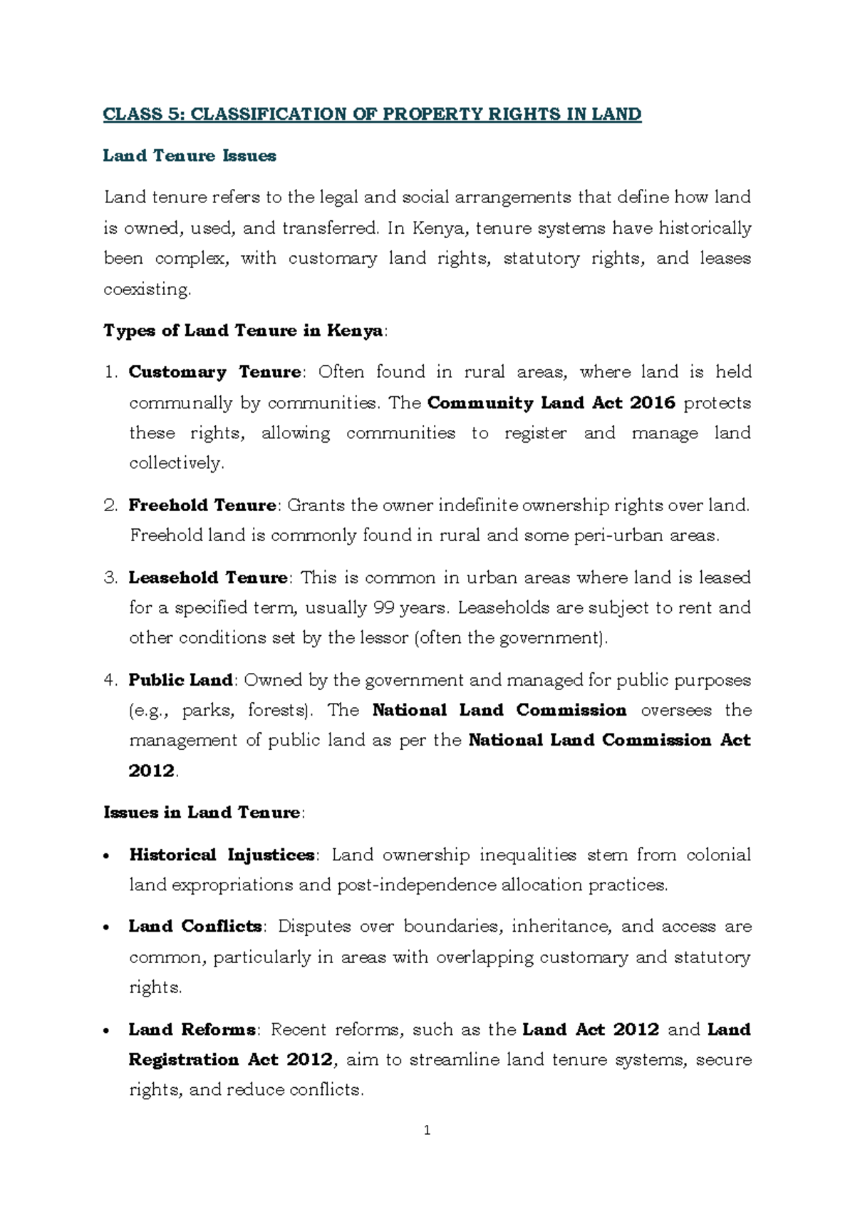 CLASS 5: Classification of Property Rights in Land Tenure in Kenya ...