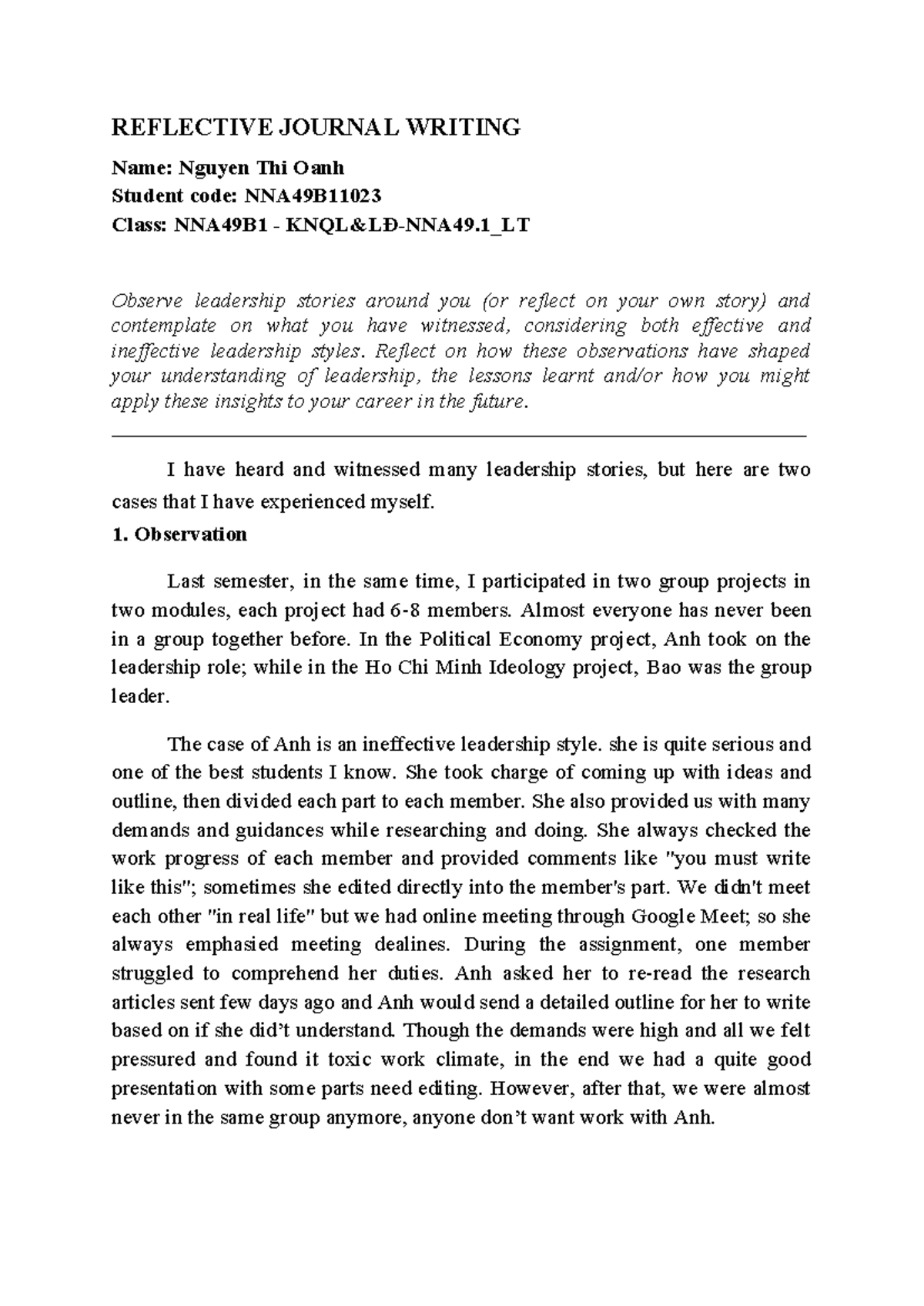 Reflective Journal Writing - REFLECTIVE JOURNAL WRITING Name: Nguyen ...