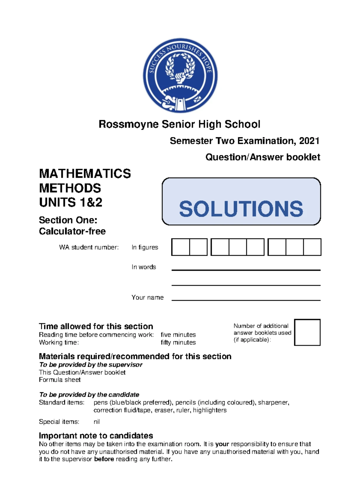 RSHS 2021 YR11 MATH METHODS U1&2 SEM2 EXAM Q/A Booklet - Studocu