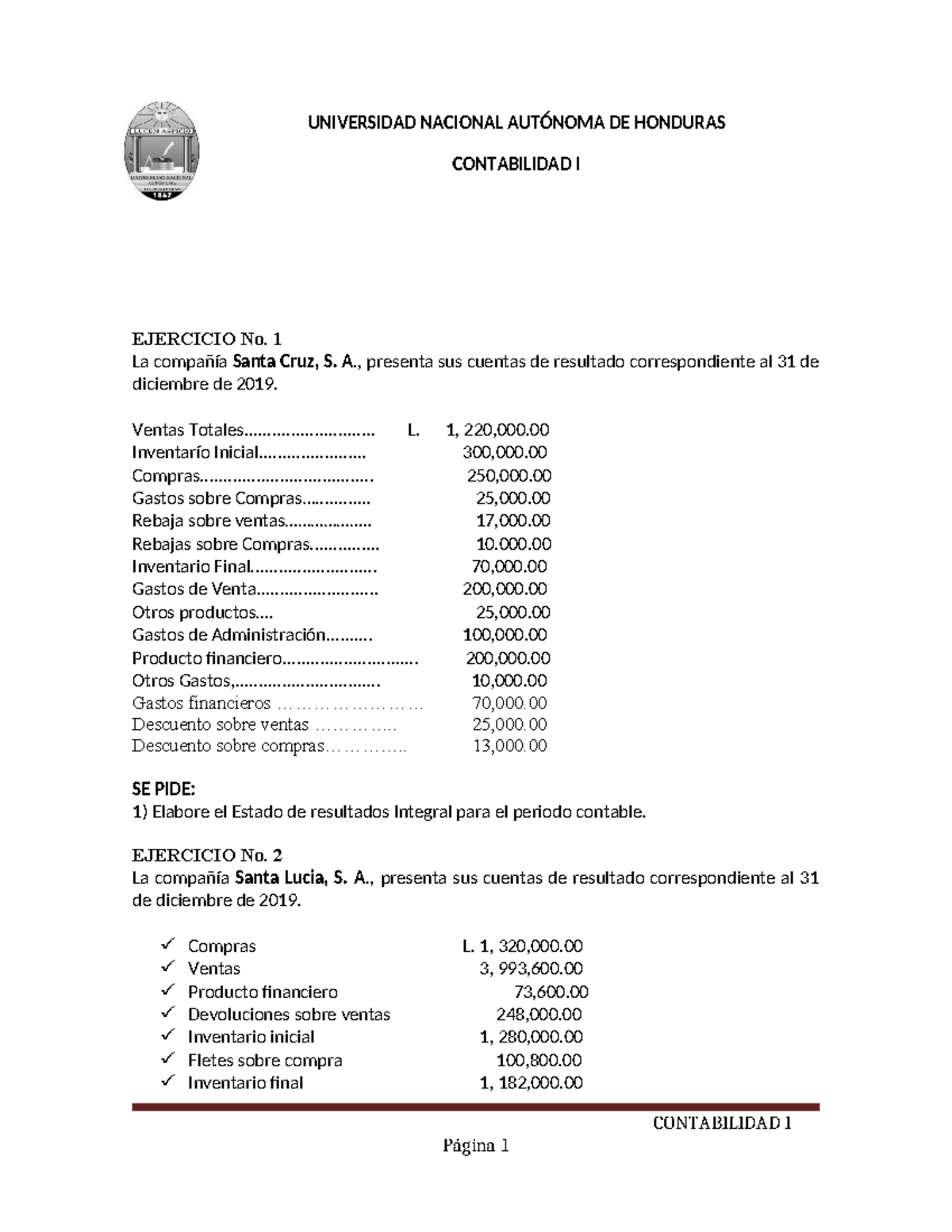 Contabilidad I: Ejercicios de Estado de Resultados 2019 - Studocu