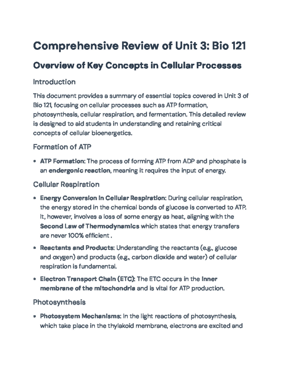 Unit 3 Comprehensive Review: Bioenergetics in Bio 121 - Comprehensive ...