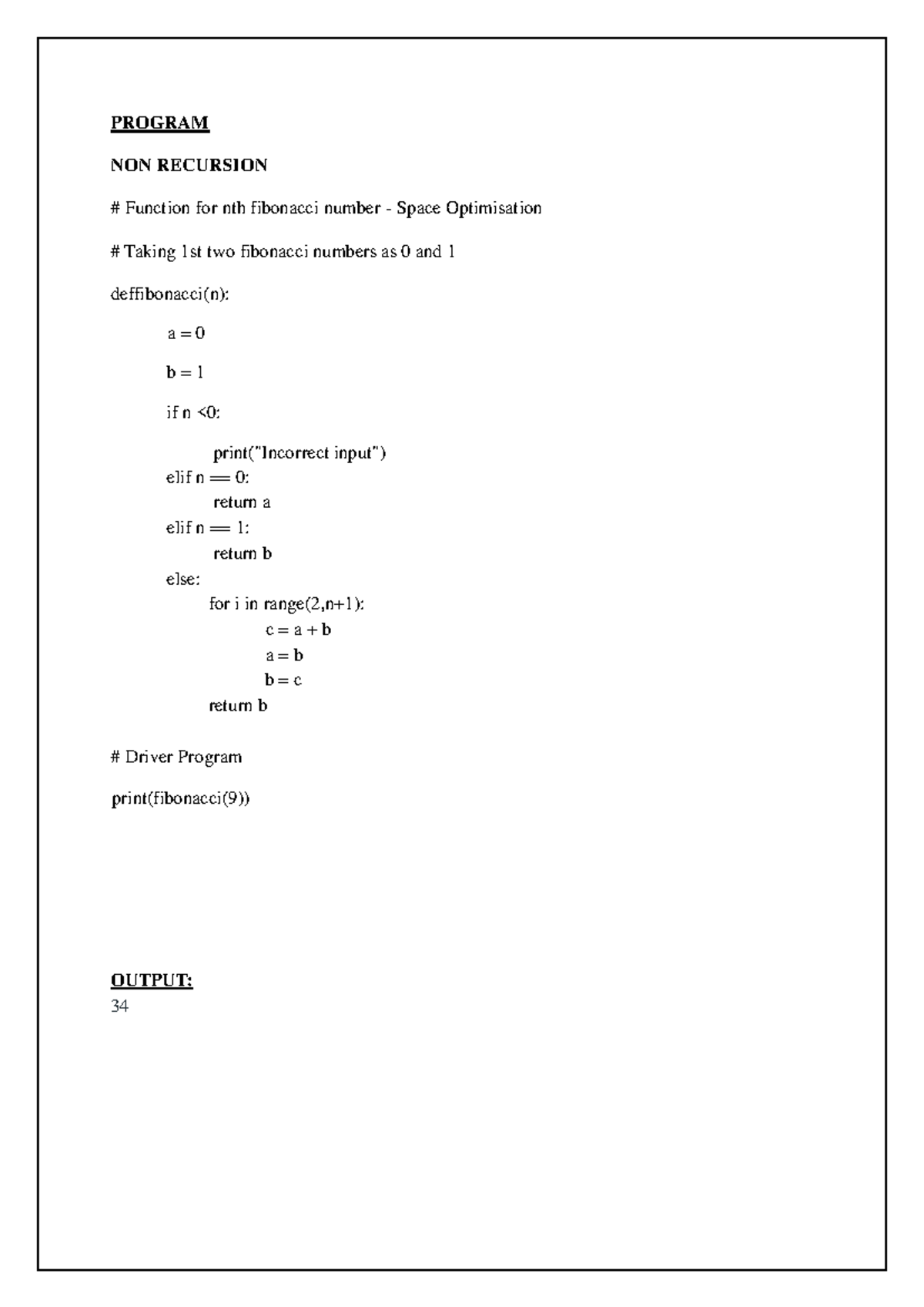 DAA lab program & output - PROGRAM NON RECURSION Function for nth ...
