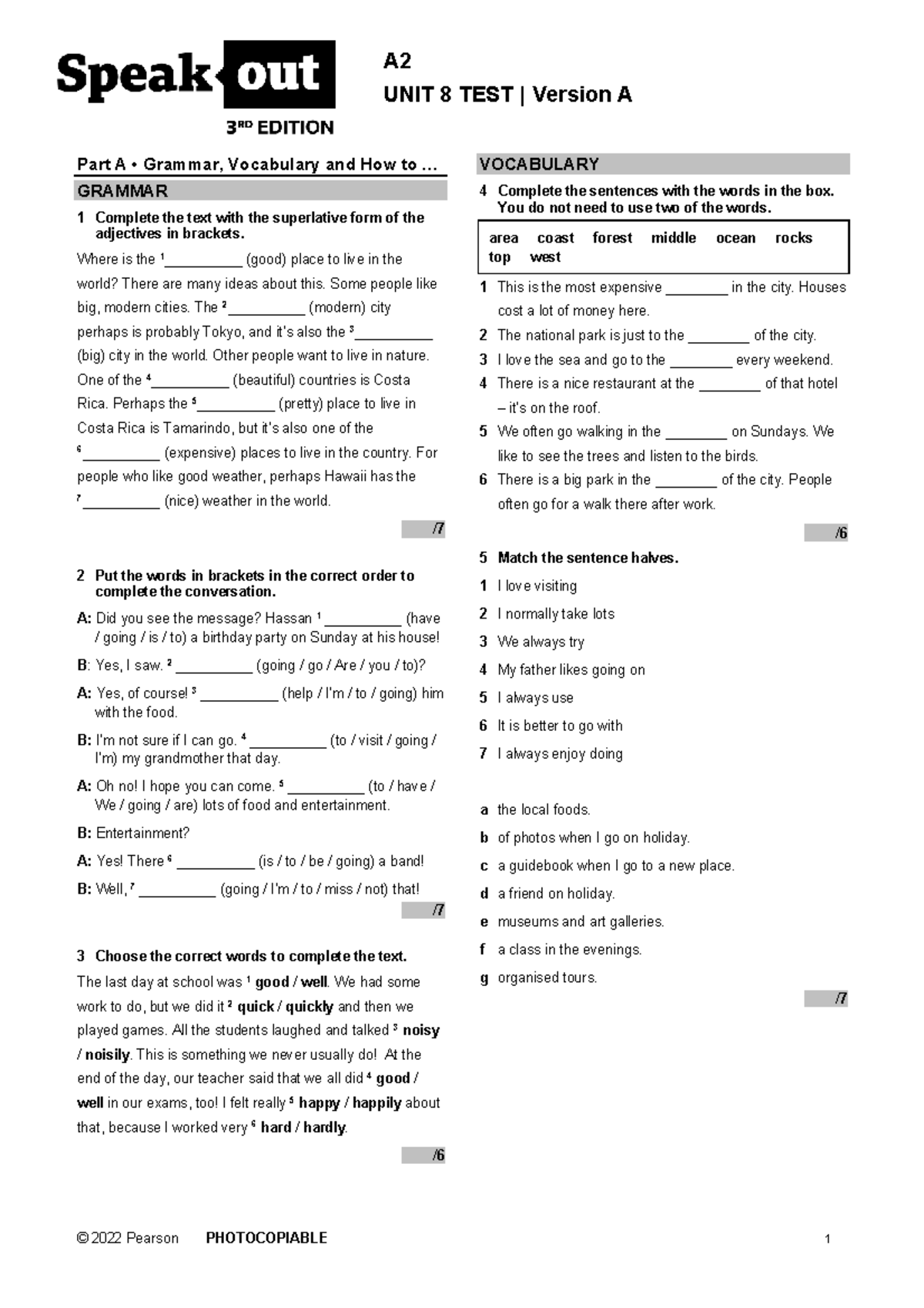 A2 UNIT 8 TEST Version A: Grammar and Vocabulary Review - Studocu