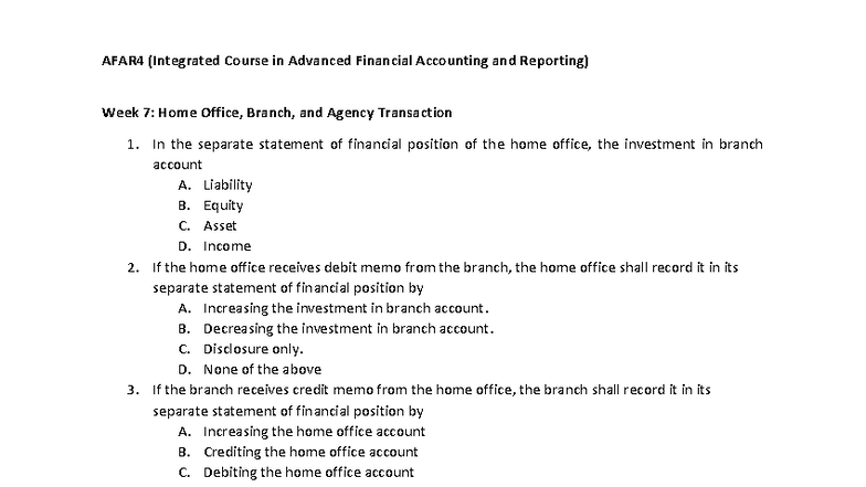 Home Office and Branch Accounting - AFAR 4 (Integrated Course in ...