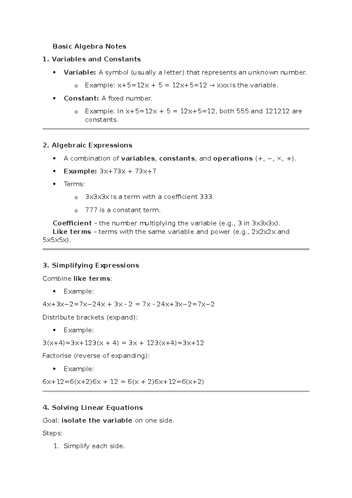 Basic Algebra Notes: Variables, Expressions, and Equations - Studocu