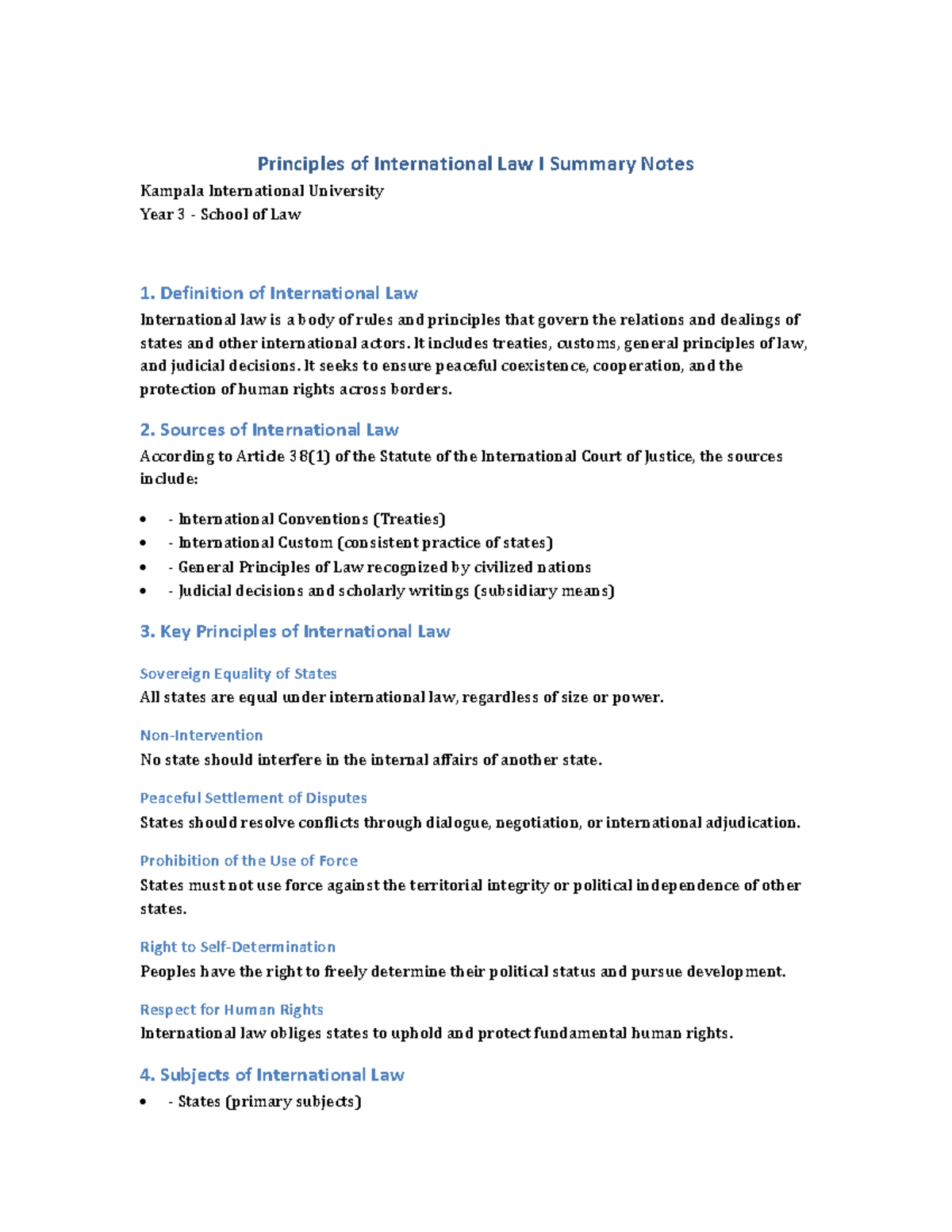 Principles of International Law I Summary Notes - KIU Year 3 - Studocu