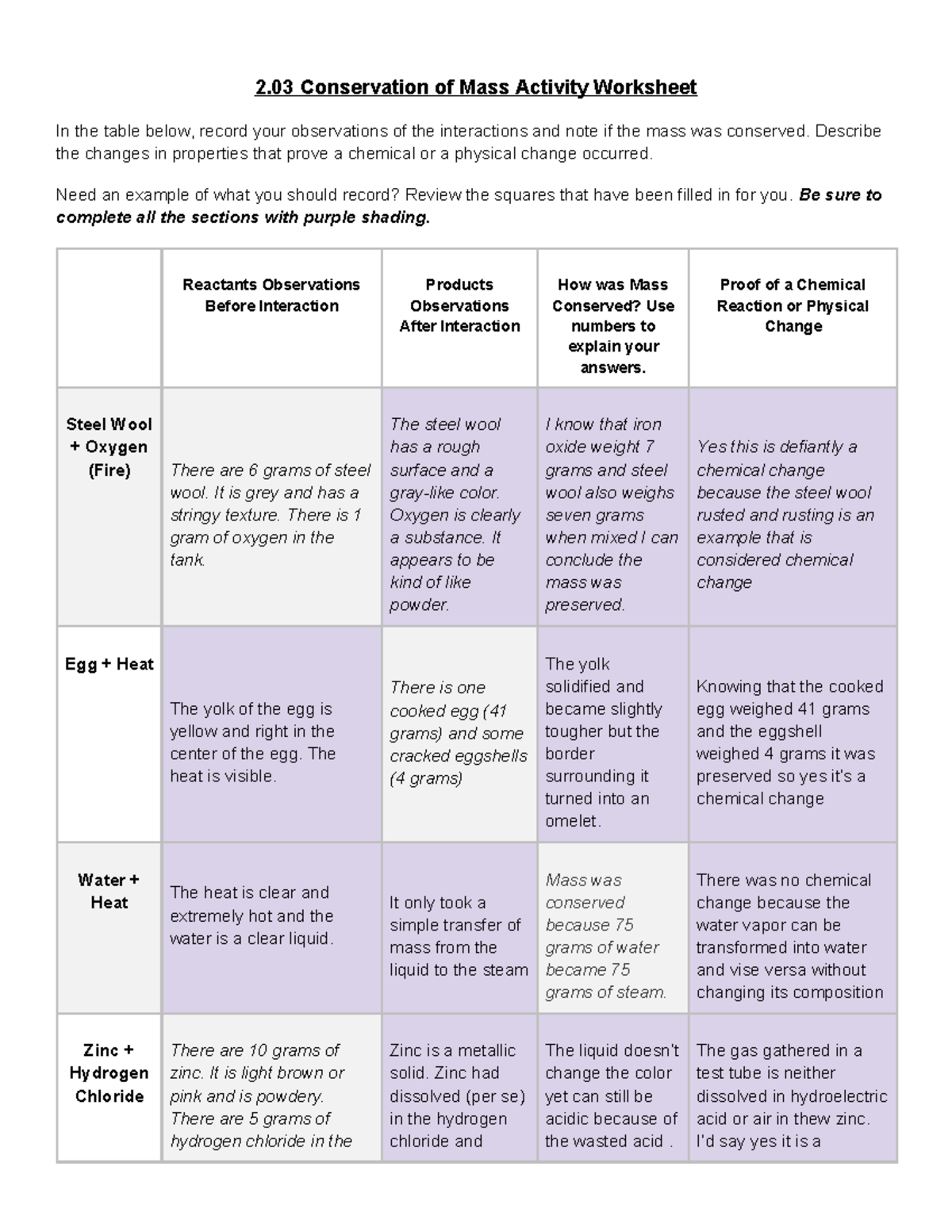2.03 Conservation of Mass Activity Worksheet - Science 3 FLVS - Studocu