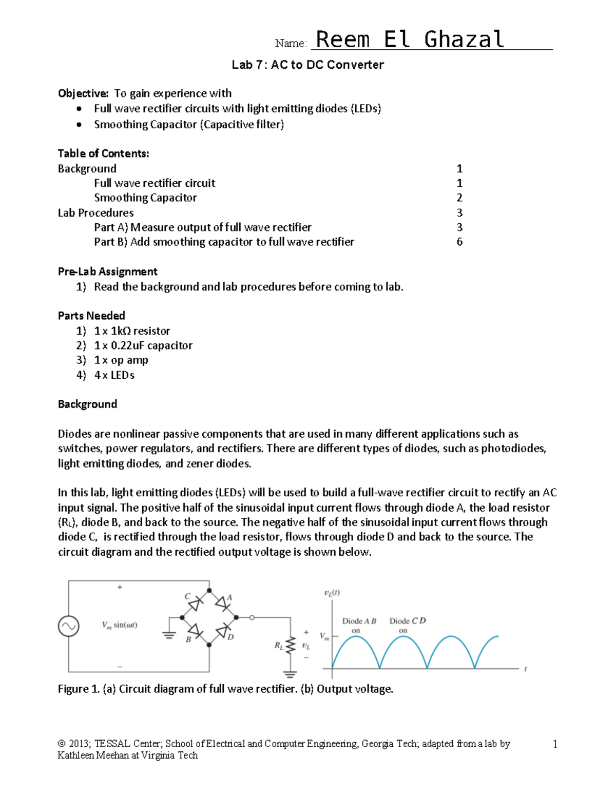 Ece 3710 Lab 7 Ac To Dc Converter With Full Wave Rectifier