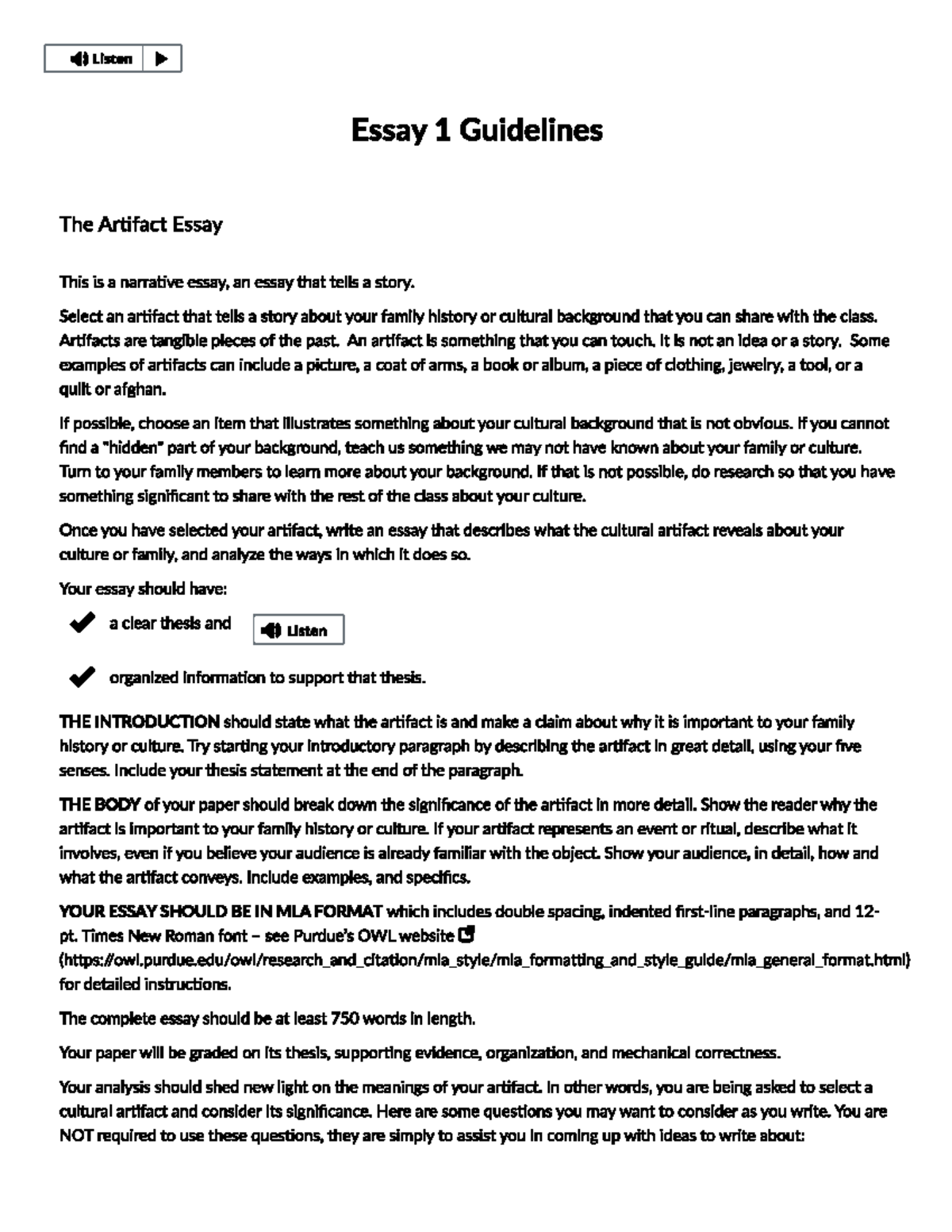 Essay 1 Directions - wert5432 - Listen Essay 1 Guidelines The Artifact ...