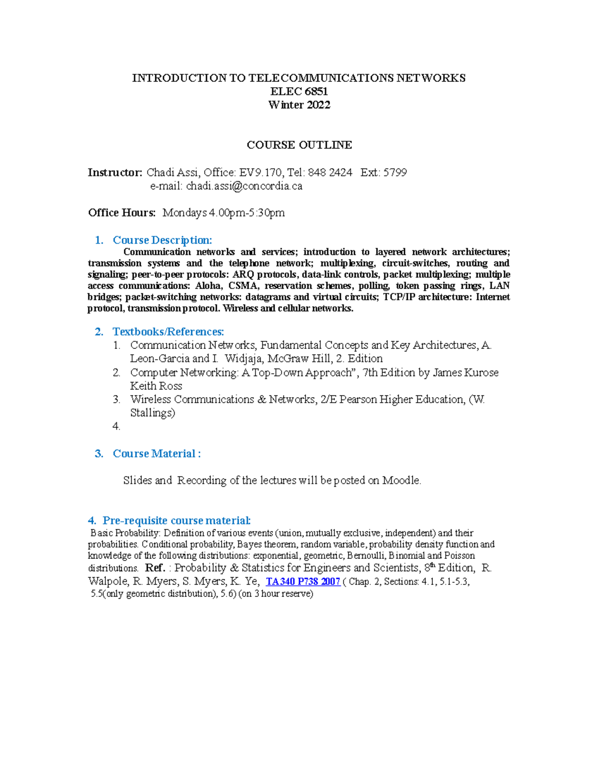 Course Outline for Telecommunication Networks - INTRODUCTION TO ...
