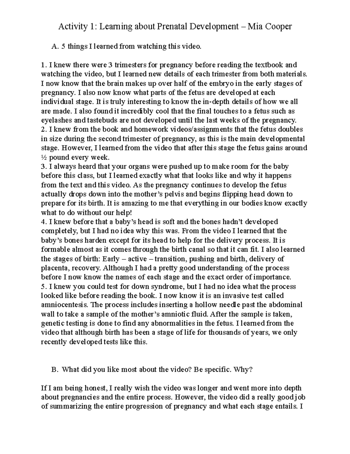 Activity 1 - Insights on Prenatal Development: Key Learnings and ...