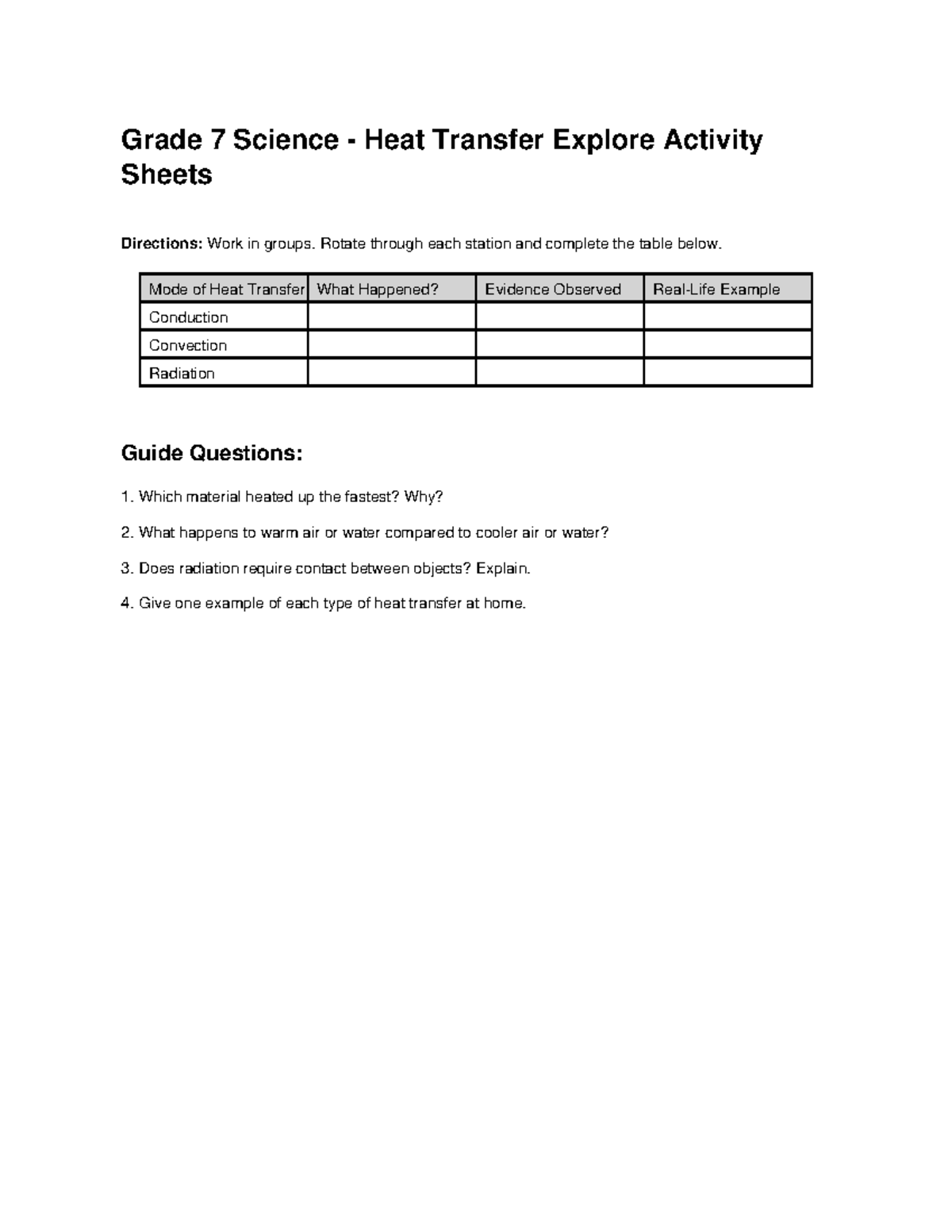 Grade 7 Science Heat Transfer Explore Activity Sheets - Studocu