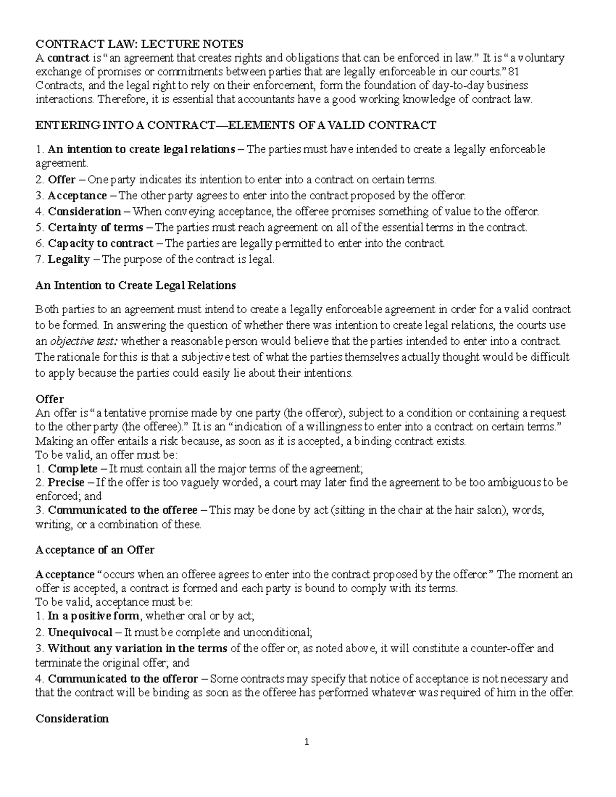 Contract Law: Lecture Notes on Contractual Defects and Elements - Studocu
