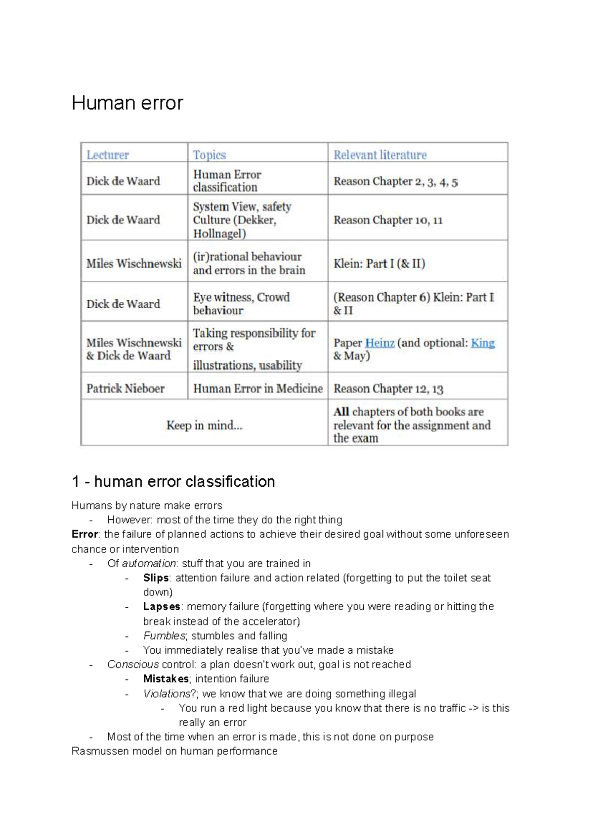 Human Error: Class Notes on Human Performance and Mistakes - Studeersnel