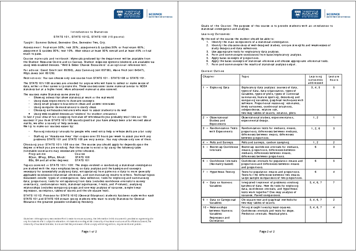 Stats 108 Course Outline: Introduction to Statistics and Assessments ...