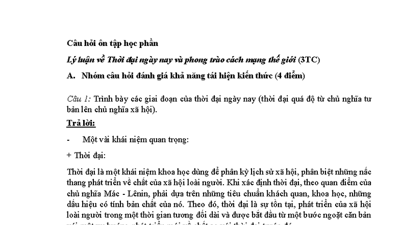 Đề cương Llvtdnn - Lý luận về Thời đại ngày nay và Phong trào Cách mạng Công - Document Preview