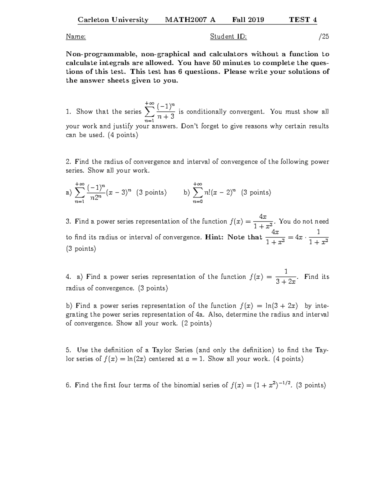 MATH2007 A Test 4 Fall 2019 - Carleton University MATH2007 A Fall 2019 ...