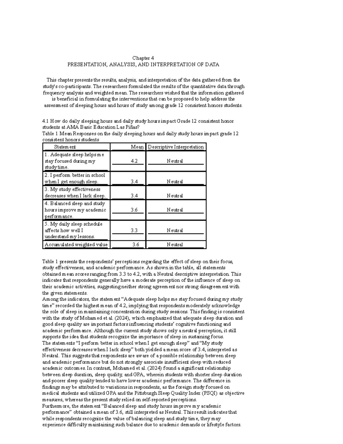 Chapter 4: Data Presentation, Analysis & Interpretation (AMA 12) - Studocu