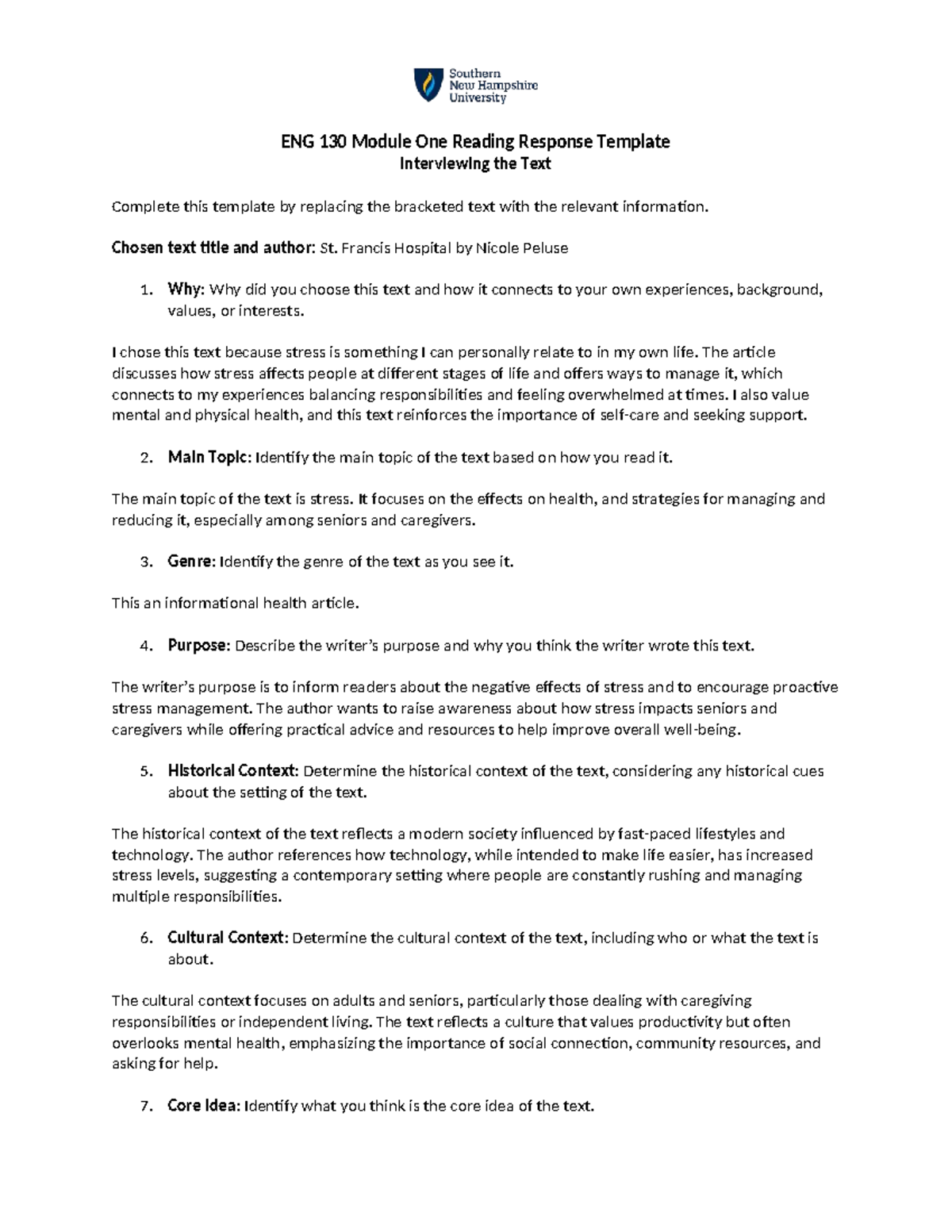 ENG 130 Module One Reading Response: Stress Management Insights - Studocu