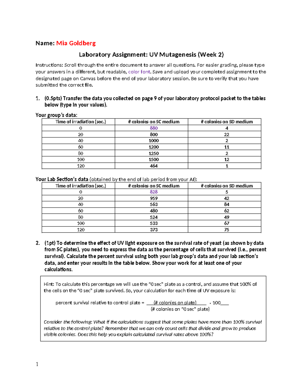 UV Mutagenesis Lab Assignment (BIO101: Week 2) - Studocu