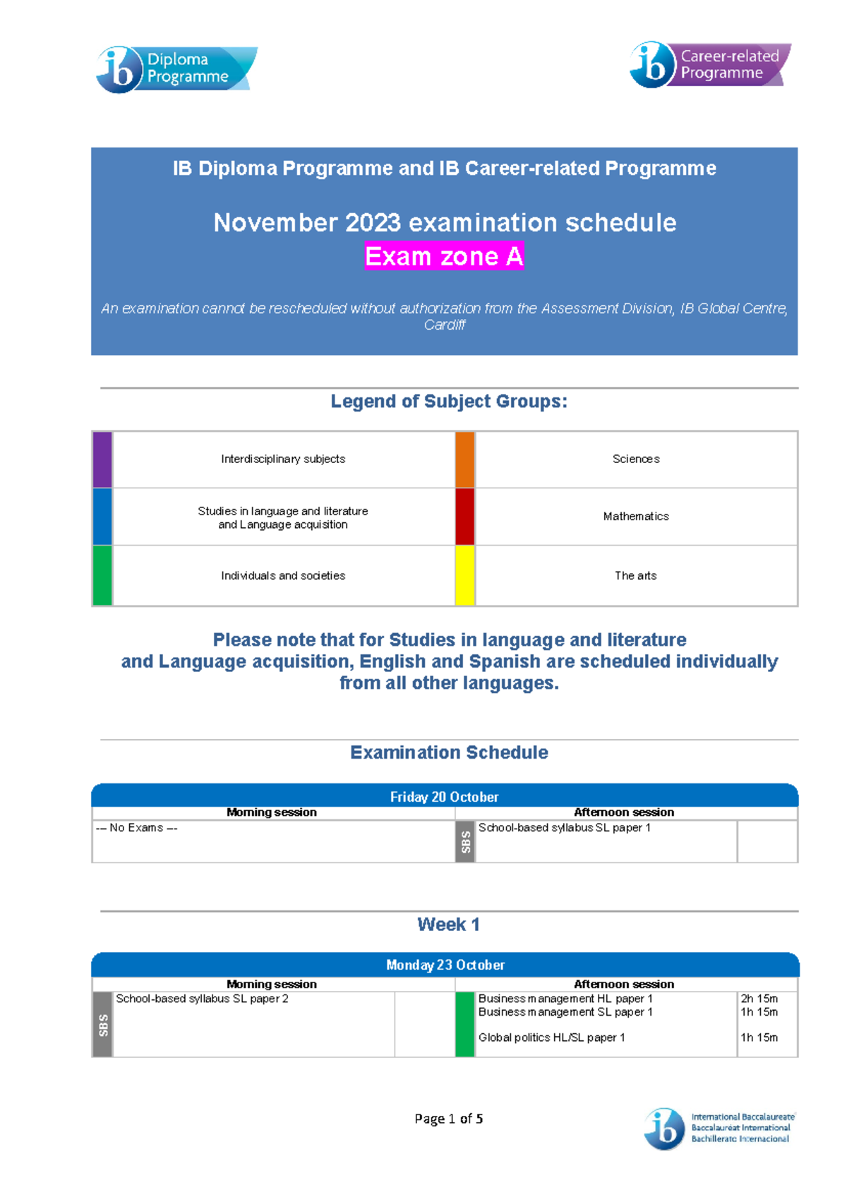 Nov 2023 IB Exam schedule Zone A - IB Diploma Programme and IB Career ...