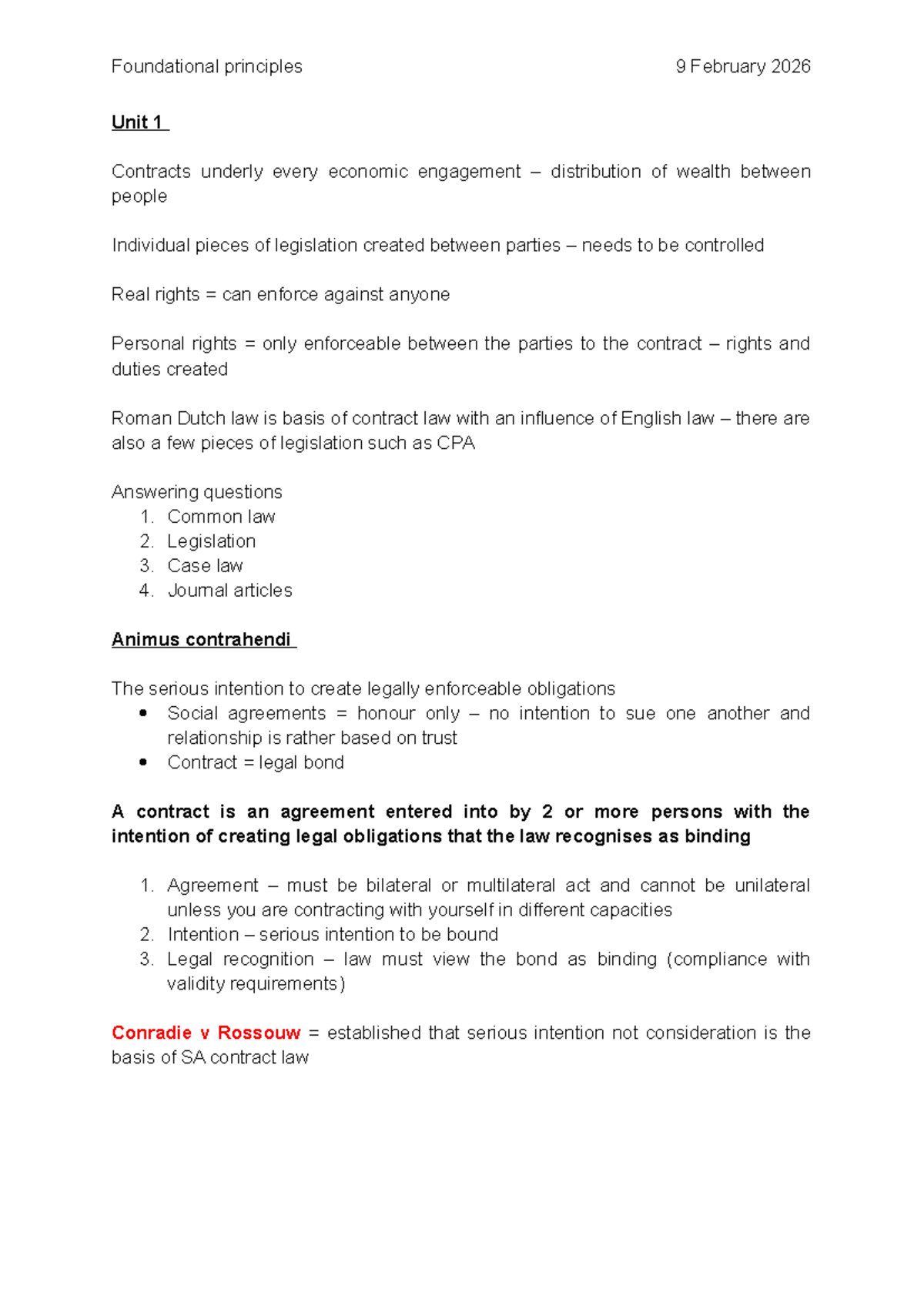 Unit 1 - Foundational Principles of Contract Law Notes - Studocu