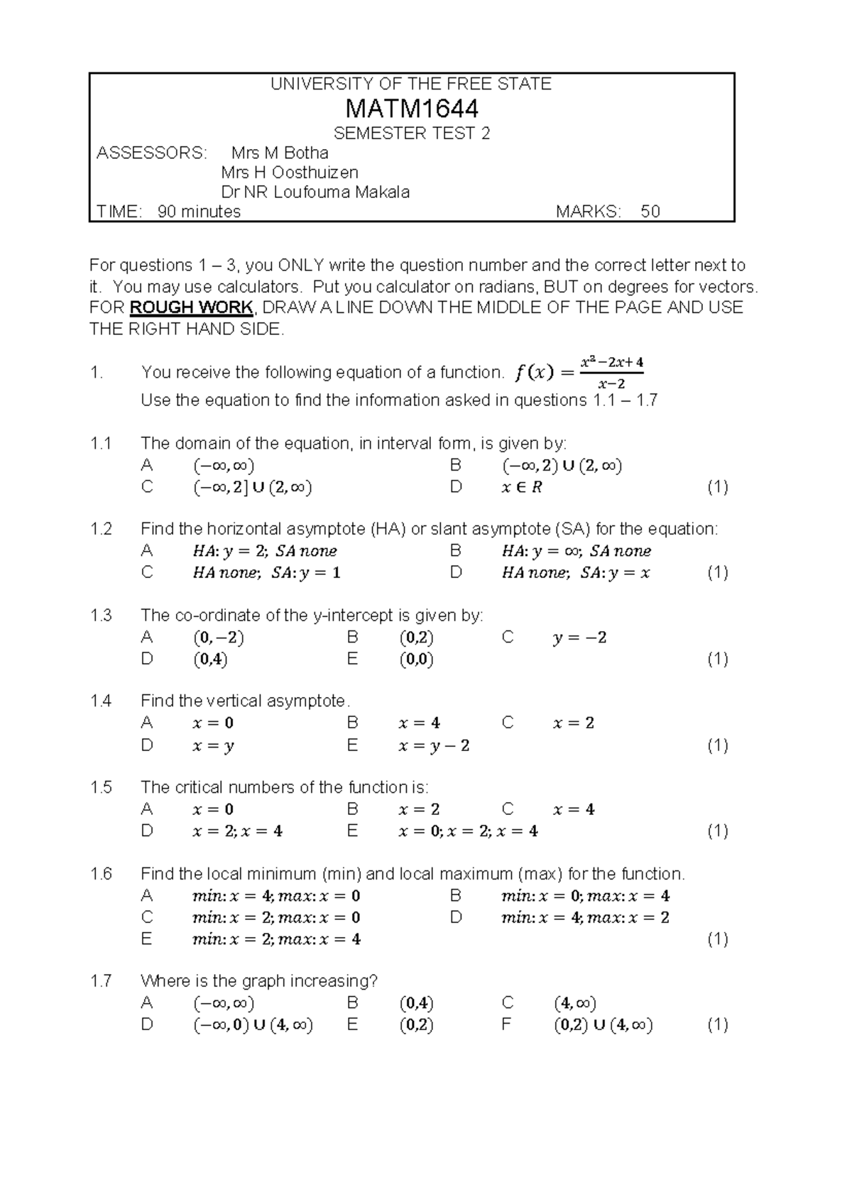 MATM1644 Semester Test 2: Function Analysis and Asymptotes - Studocu