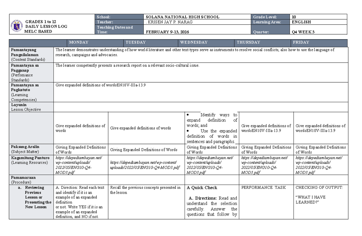 MELC Daily Lesson Log for Grade 10 English - Week 3 Q4 - Studocu