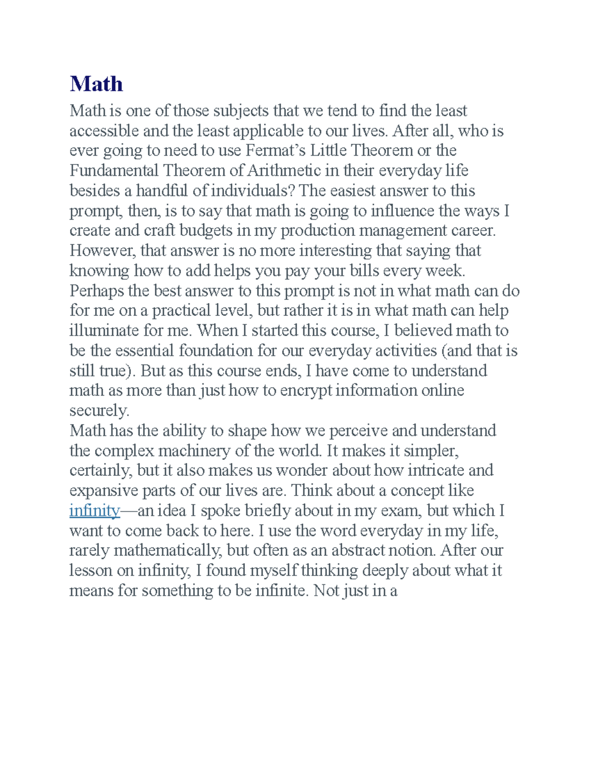 Math Essay - Lecture Notes on the Role of Math in Everyday Life - Studocu