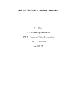 ENG 130 Project APA - Analysis of “Take A Break” by Nicole Peluse ...