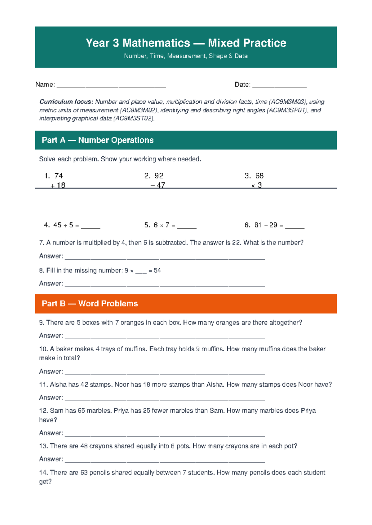 Year 3 Mathematics Mixed Practice (AC9M3) - Number, Time, Measurement ...