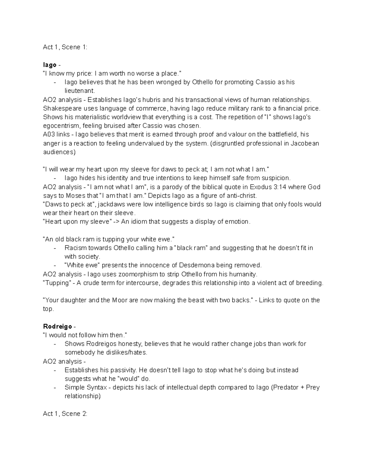 Othello Quotes & AO2 Analysis: Act 1-5 Insights (AQA English Lit) - Studocu