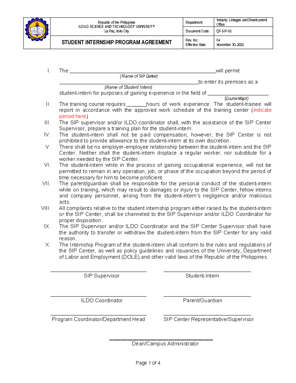 SIP 02 - Student Internship Program Agreement Template - Studocu