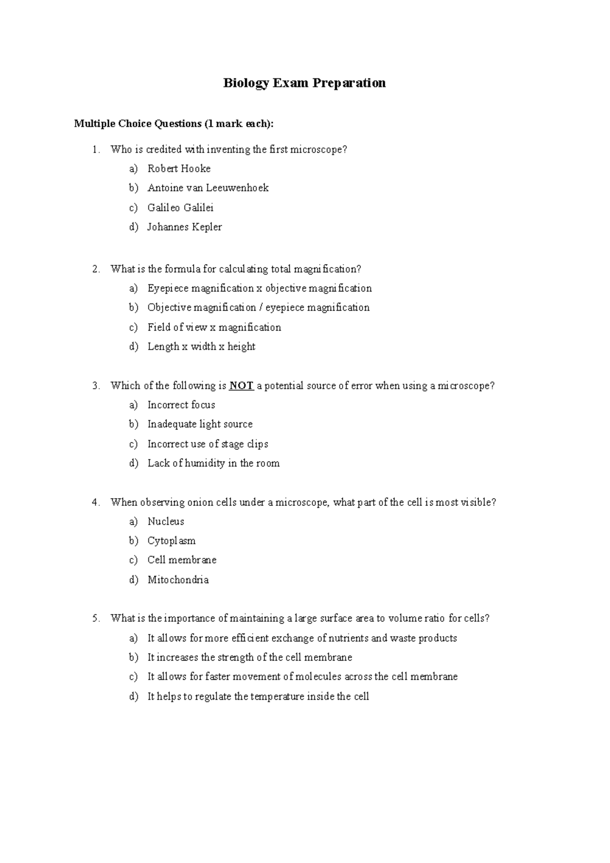 Biology 101 Final Exam Prep: MCQs & Short Answer Questions - Studocu