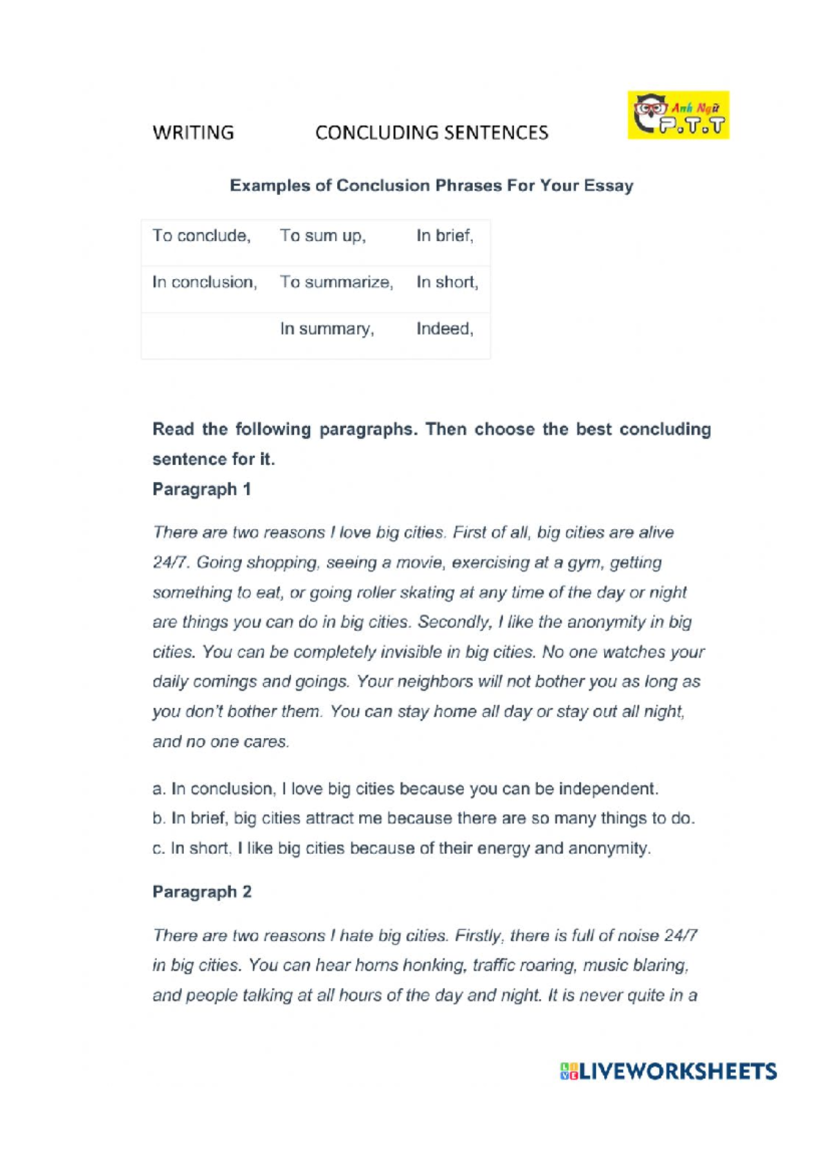 Document - các chủ đề - Anh Ng WRITING CONCLUDING SENTENCES P.T ...