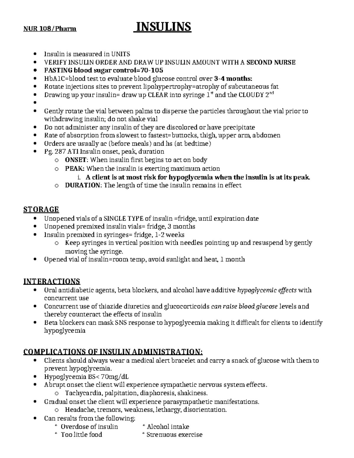 NUR 108/Pharm Final Study Guide: Comprehensive Overview of Insulin ...