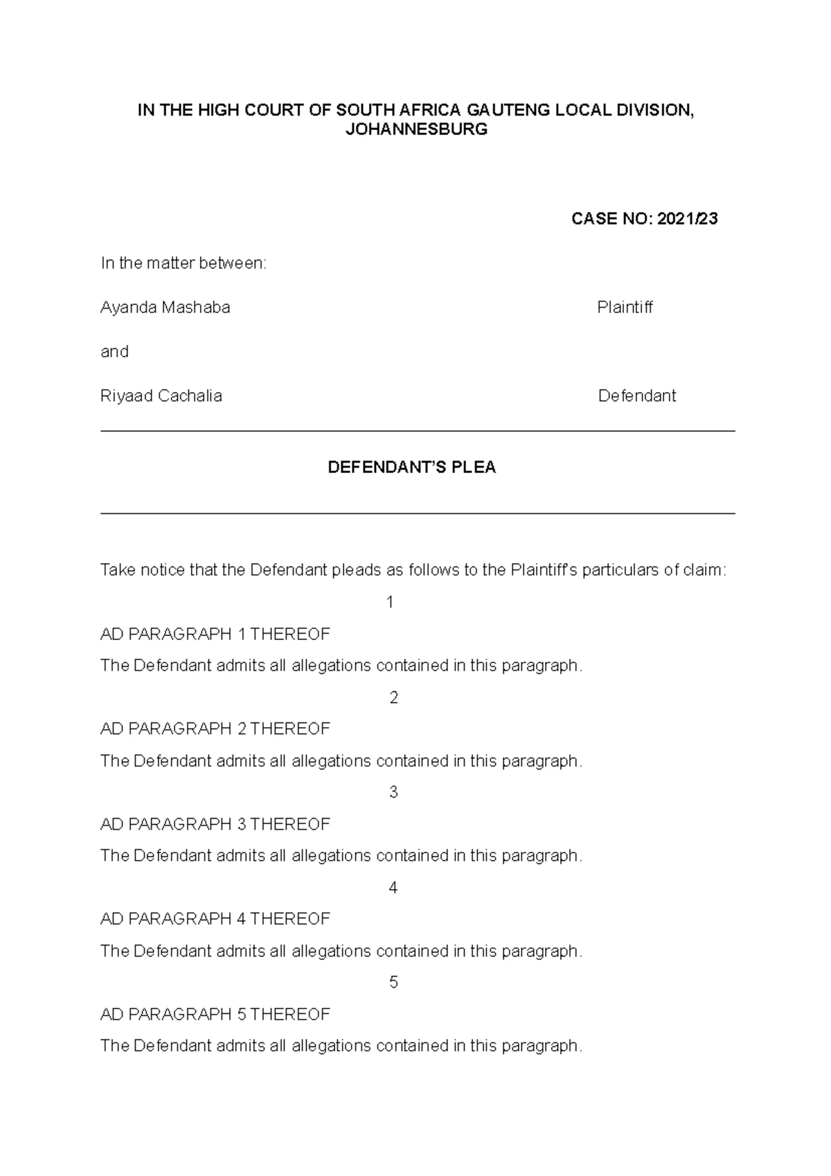 Plea and counterclaim template - IN THE HIGH COURT OF SOUTH AFRICA ...