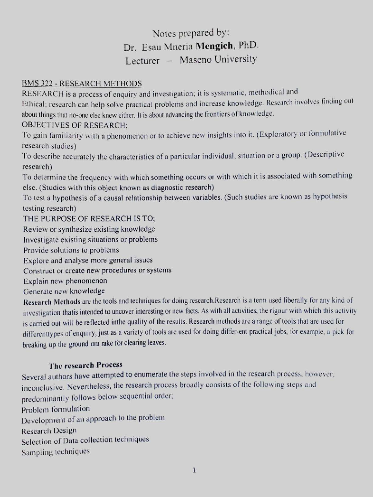 BMS 322 - Research Methods Notes - Notes prepared : Dr. Esau Mneria ...
