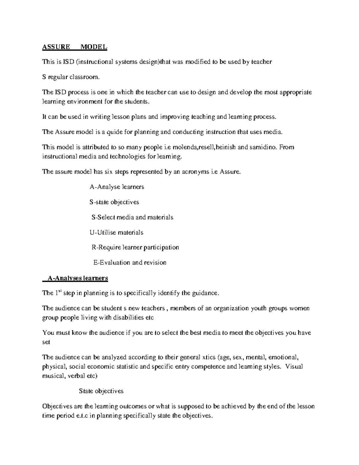 ASSURE Model: Comprehensive Notes for ISD in Classrooms - Studocu