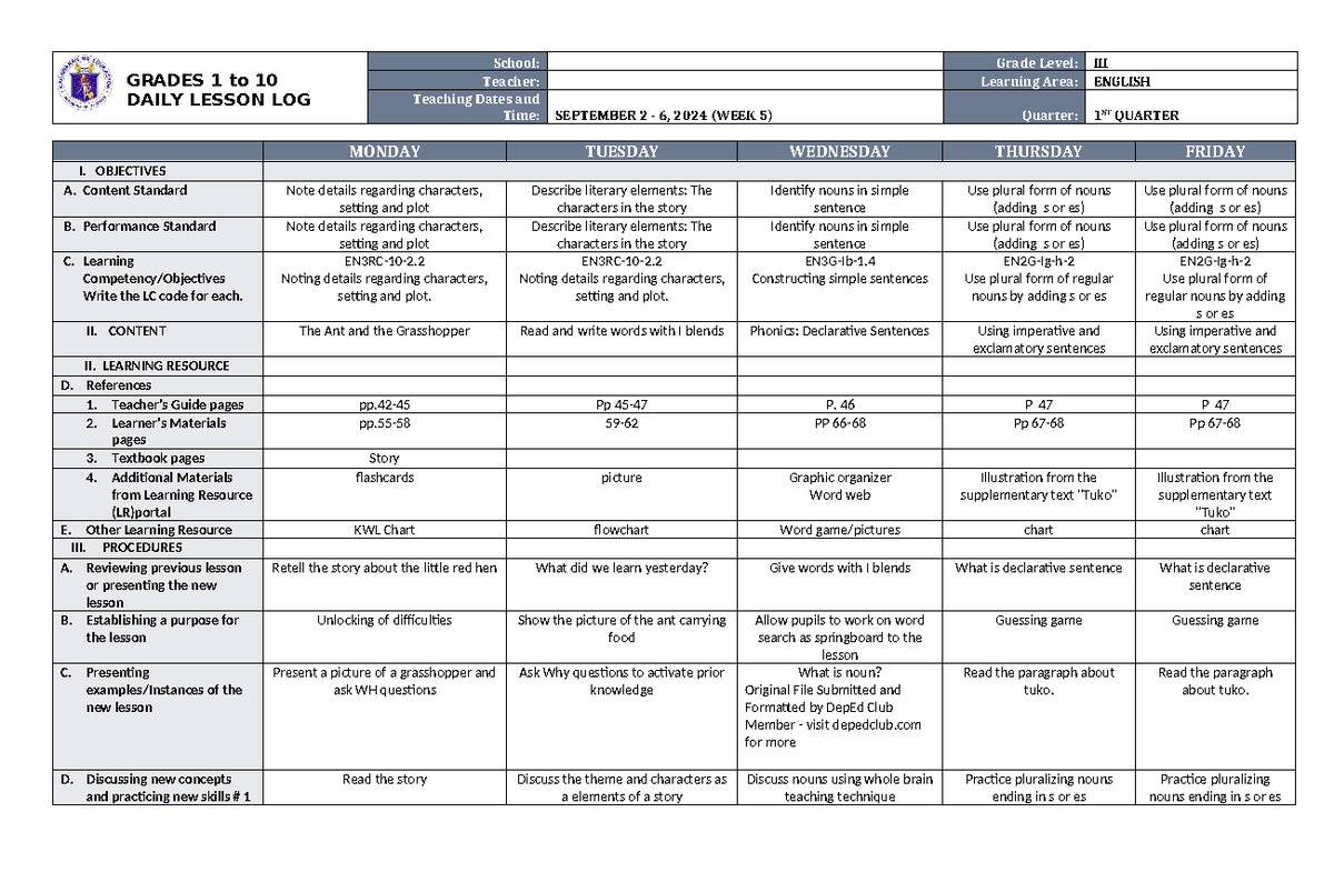 DLL English 3 Q1 W5 - module - GRADES 1 to 10 DAILY LESSON LOG School ...