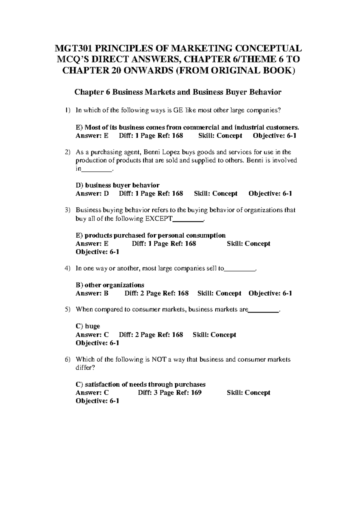 MGT301 PRINCIPLES OF MARKETING CHAPTER 6-20 CONCEPTUAL MCQS - Studocu