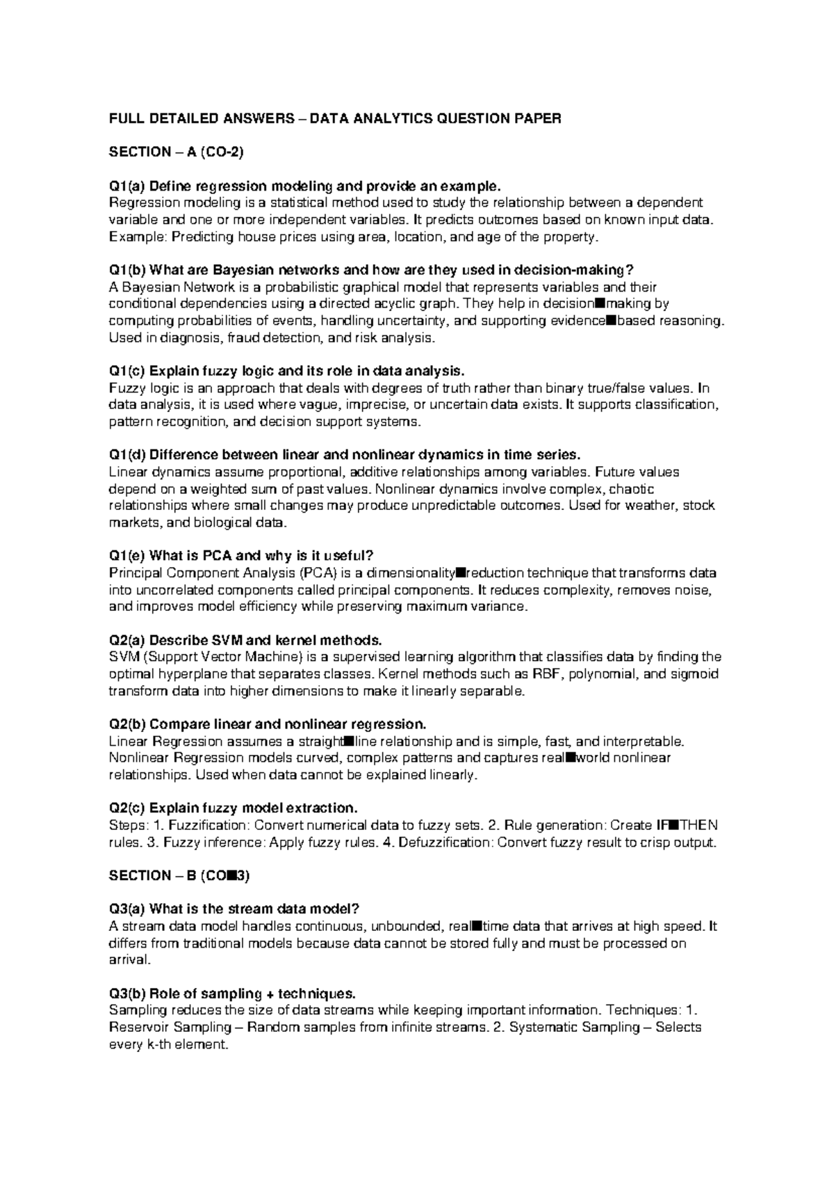 Data Analytics Da101 Full Answers Regression Bayesian Networks