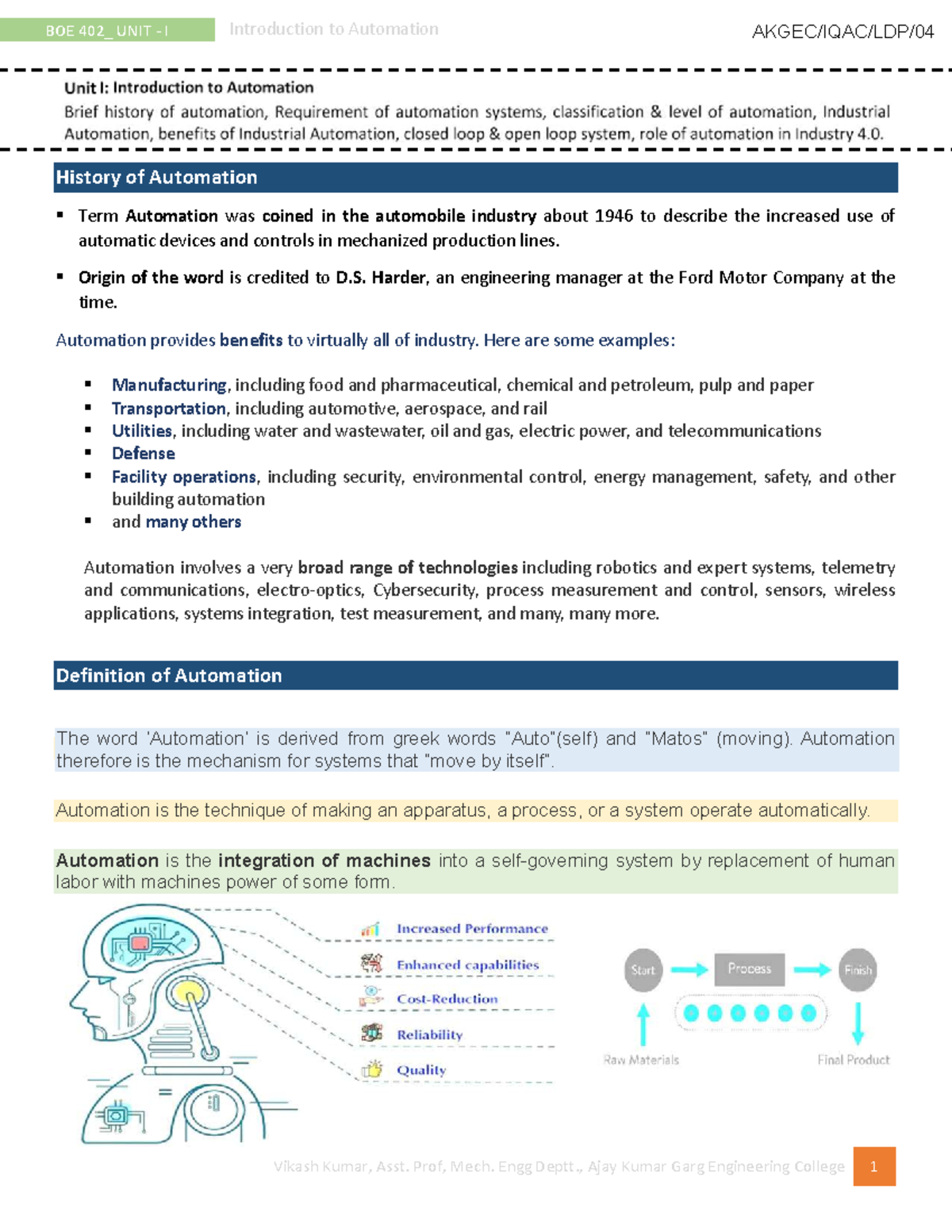 BOE 402_ UNIT I Introduction to Automation: History, Types, and ...