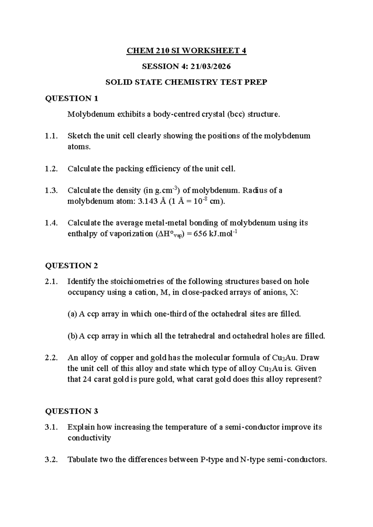 CHEM 210 SI Worksheet 4: Solid State Chemistry Test Prep - Studocu