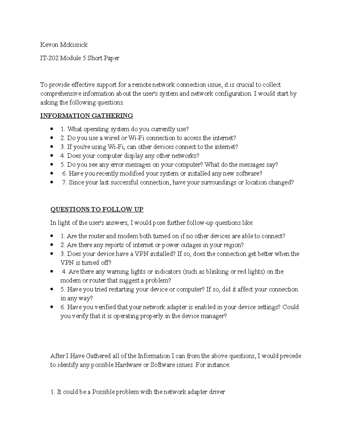 IT-202 Module 5 Guidelines for Troubleshooting Remote Network Issues ...