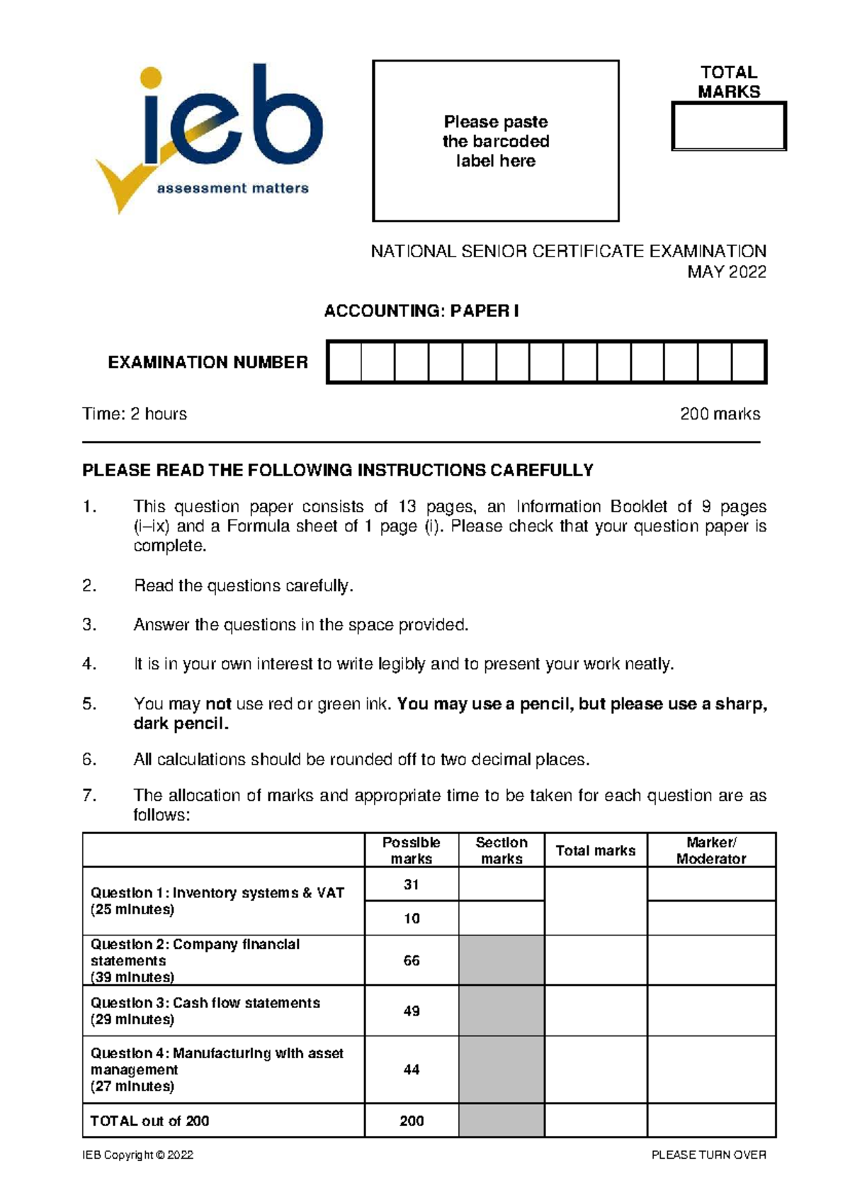 Accounting P1 May 2022 - Past Paper IEB (Total Marks: 200) - Studocu