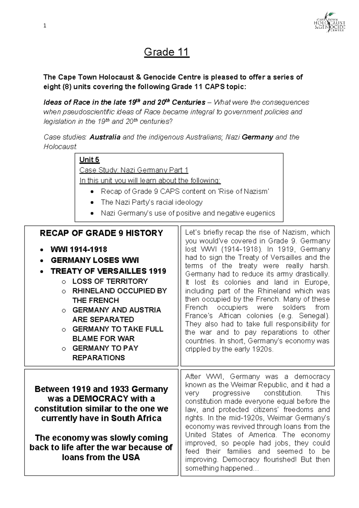Grade 11 CAPS Unit 5: Case Study on Nazi Germany and Racial Ideology ...