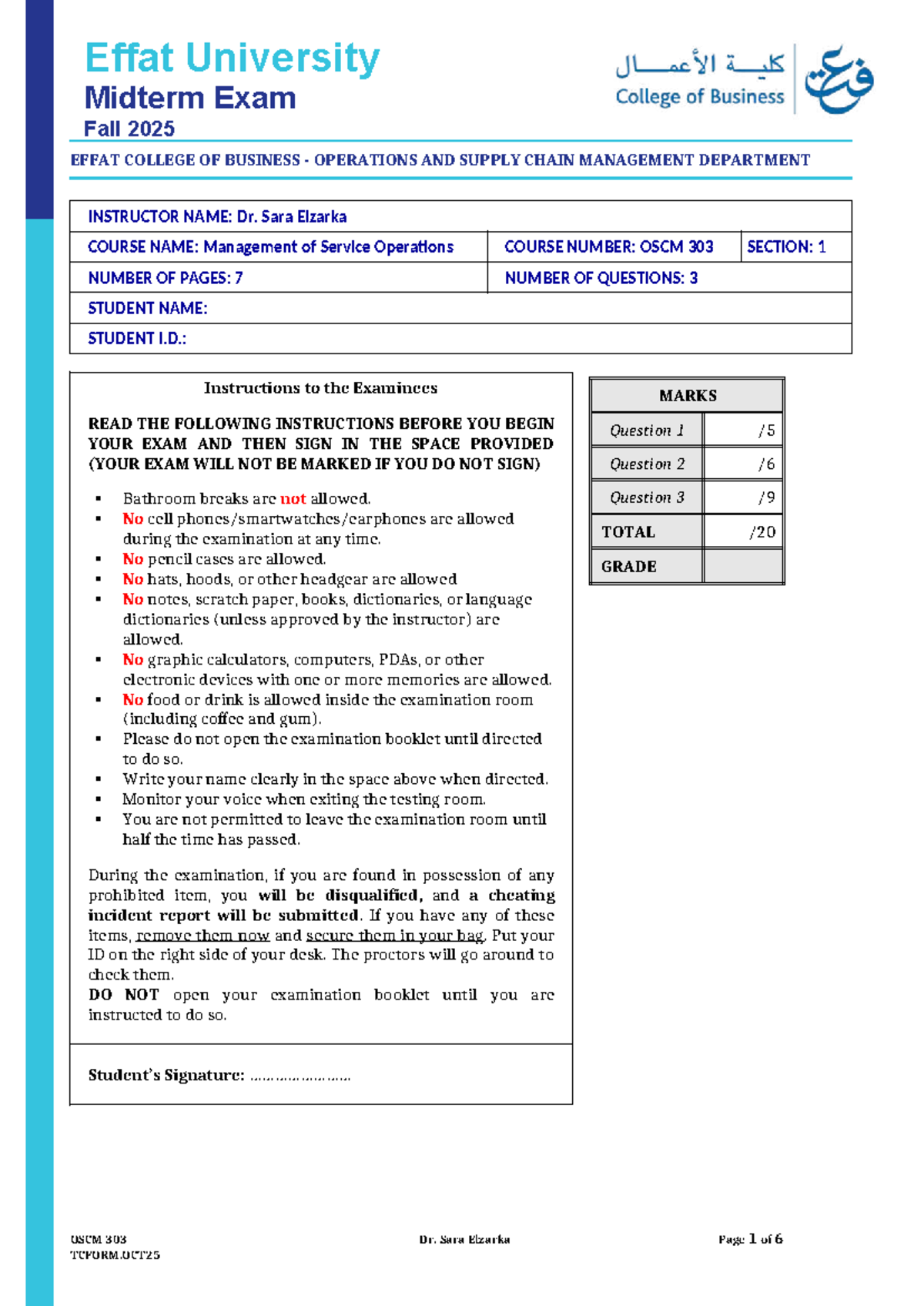 OSCM 303 Midterm Exam Fall 2025 - Management of Service Operations ...