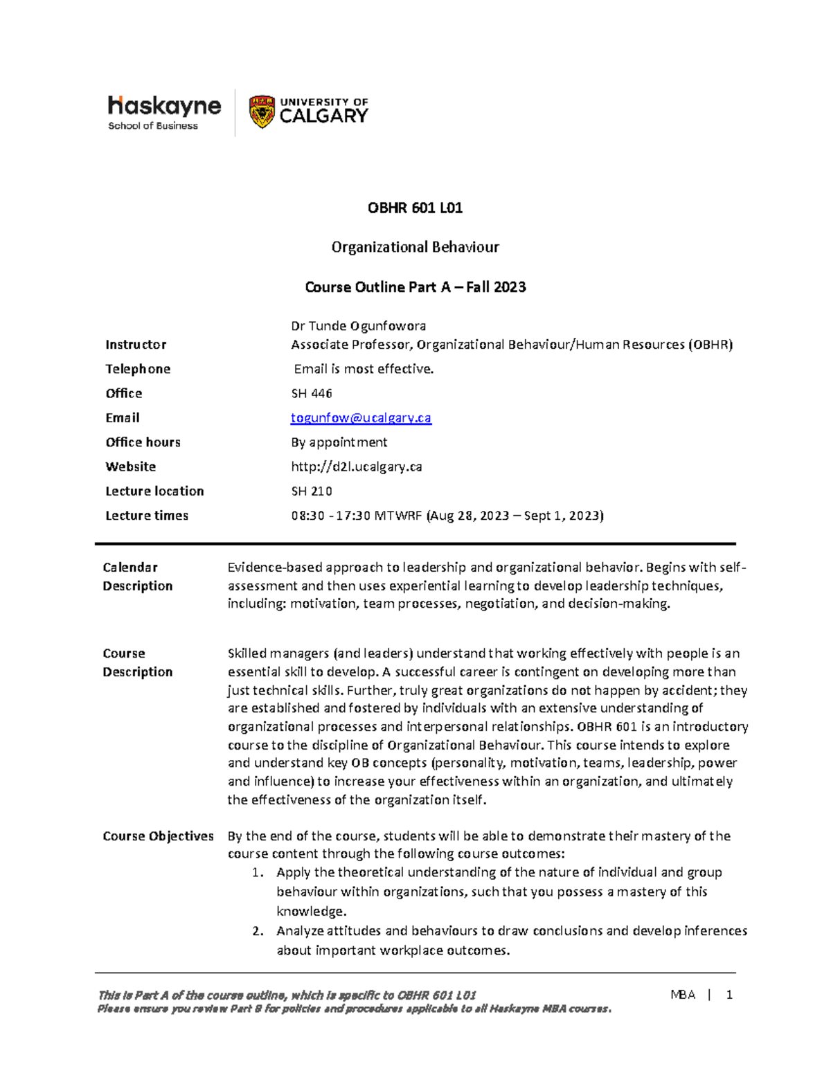 OBHR 601 L01 MBA Organizational Behaviour Course Outline Fall 2023 ...