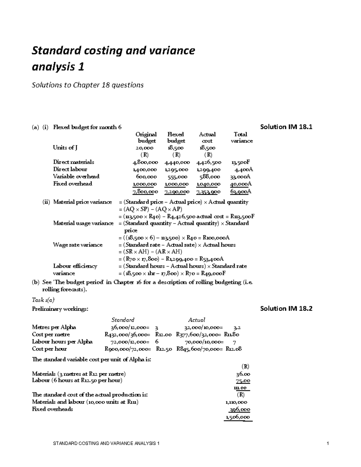 Chapter 18 - Solutions for Standard Costing Variance Analysis - Studocu